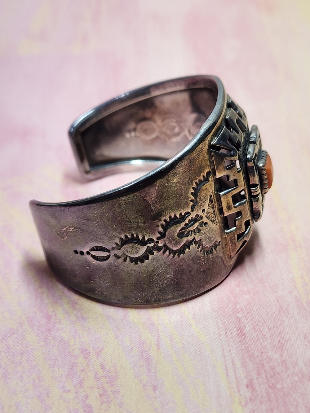 Lee Nieto Sterling and Coral Native American Cuff Bracelet - Picture 3 of 6